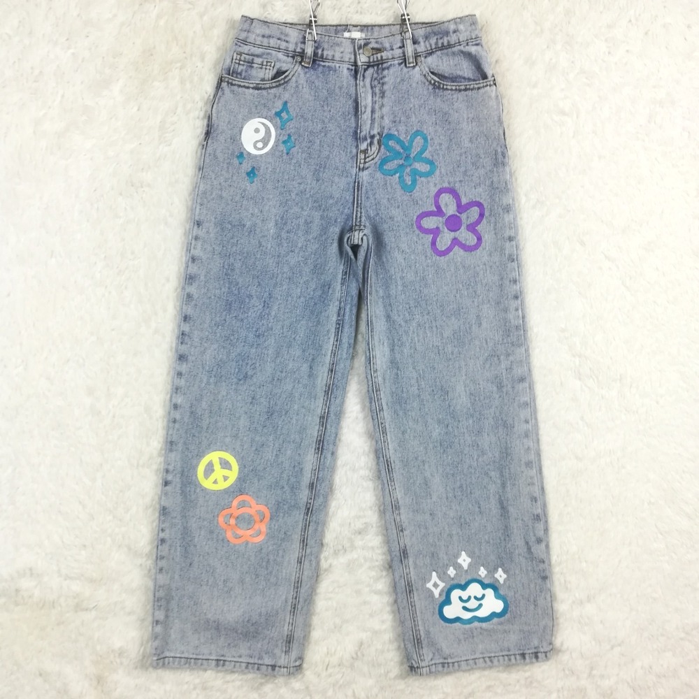 Pacsun‎ Girls Jeans Baggy Graphic Blue Denim High Rise Medium Wash Hippie 14